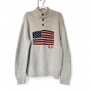 Polo Ralph Lauren RL'67 Flag Button Mockneck Sweater Cotton Linen Silk L